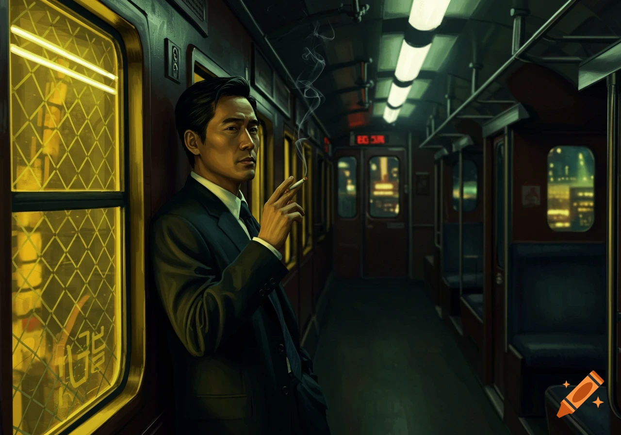 A man in a suit leans against a train window, smoking a cigarette in a dimly lit train car.