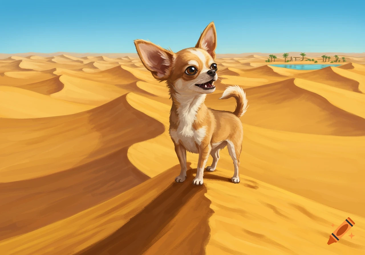An illustration of a small, cute Chihuahua standing on a sand dune in a desert, with an oasis visible in the distance.