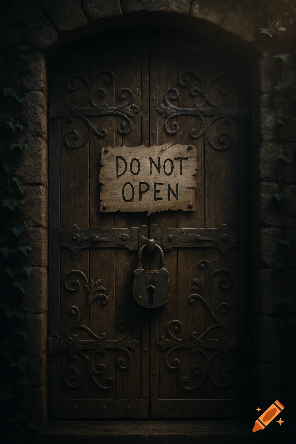 A dark, ominous wooden door with ornate metalwork, a large padlock, and a sign reading 'DO NOT OPEN' attached to it.