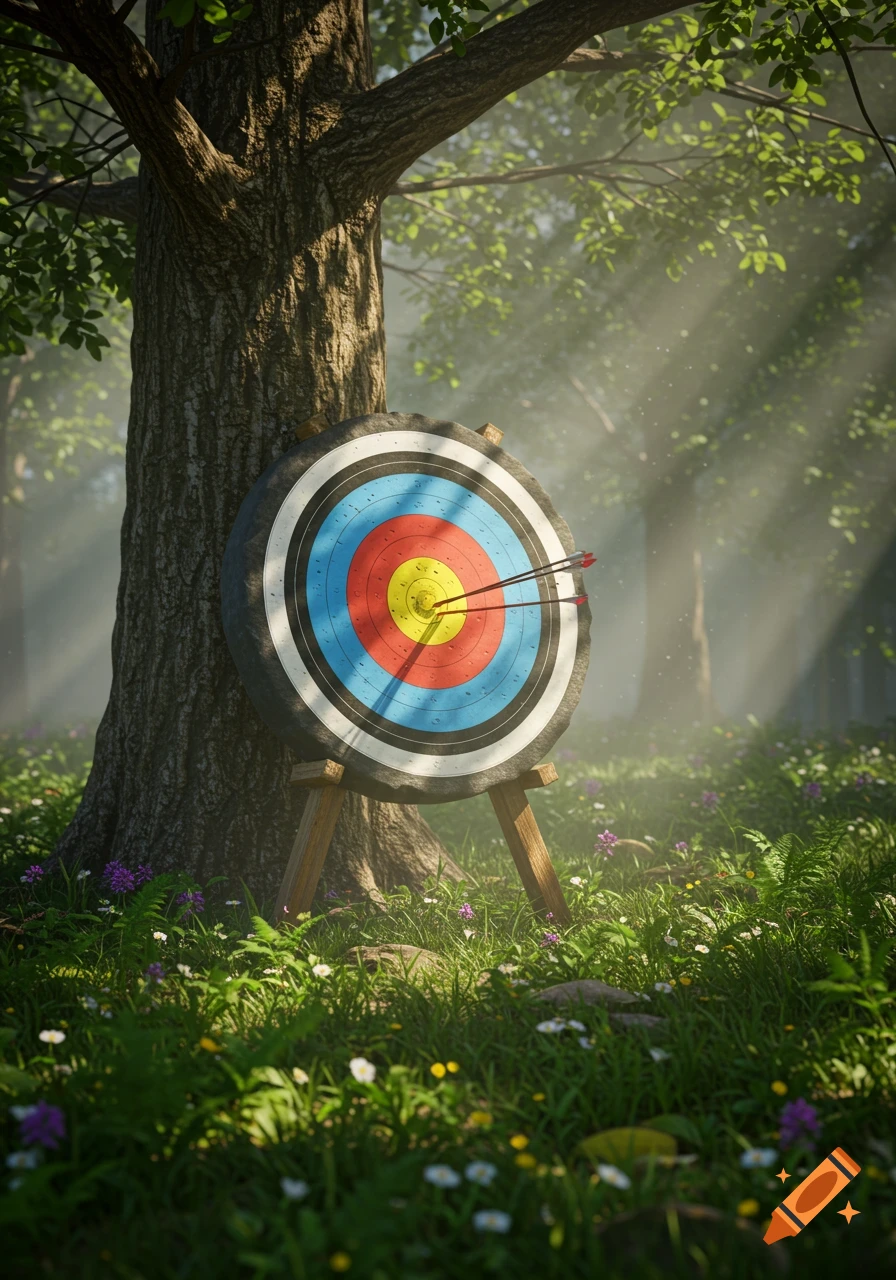 A photorealistic image of an archery target with three arrows in the bullseye, set up in a lush, sun-dappled forest.