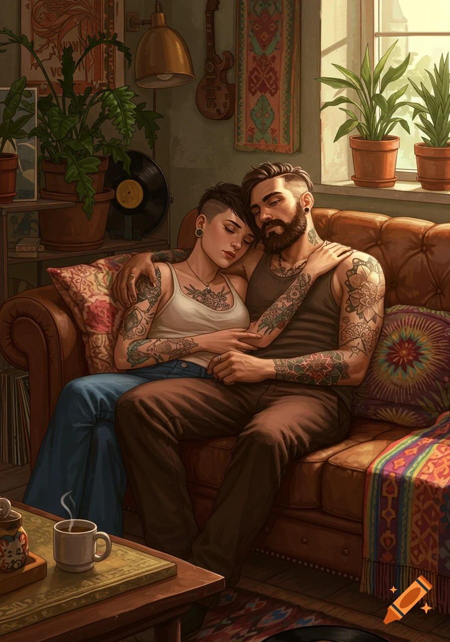 An illustrated image of a tattooed man and woman cuddling on a brown leather couch in a cozy, bohemian living room.