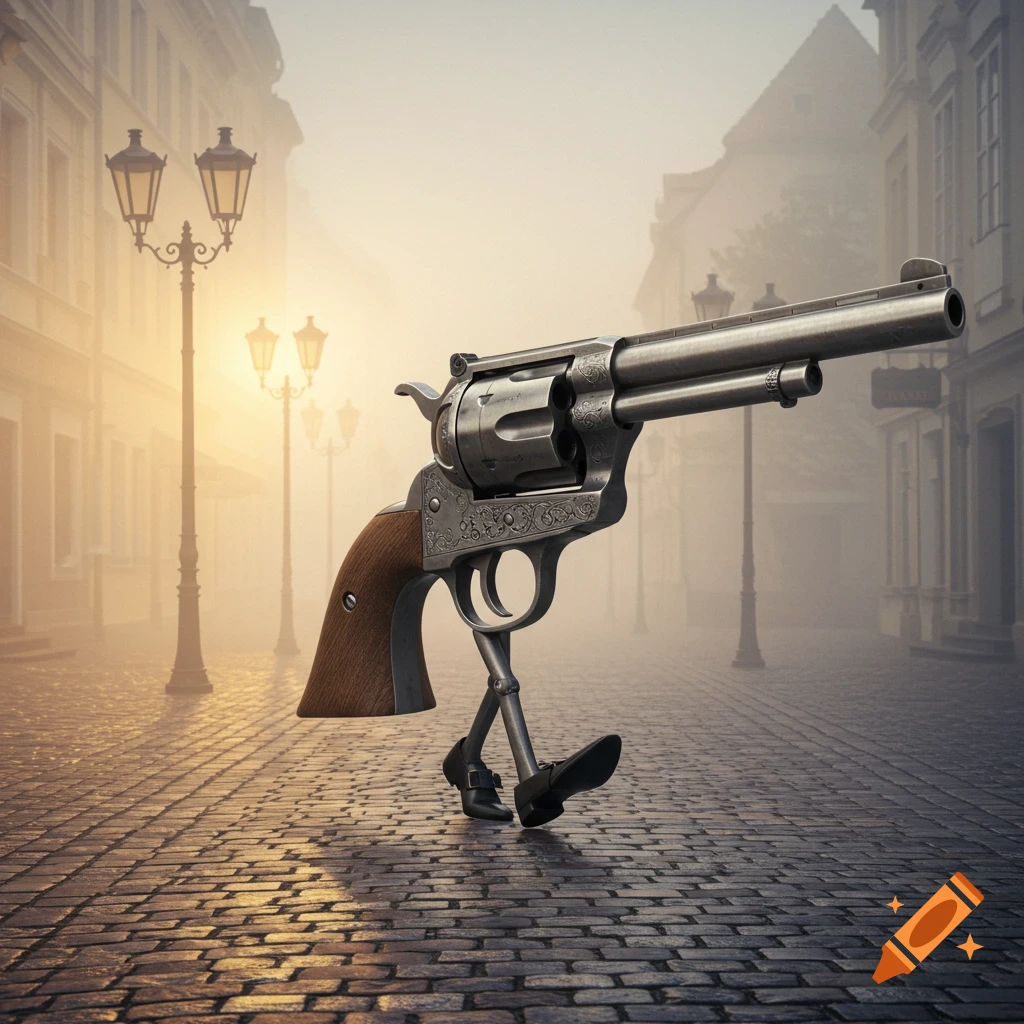 An antique revolver with small legs and shoes walks down a foggy cobblestone street lined with buildings and gas lamps.