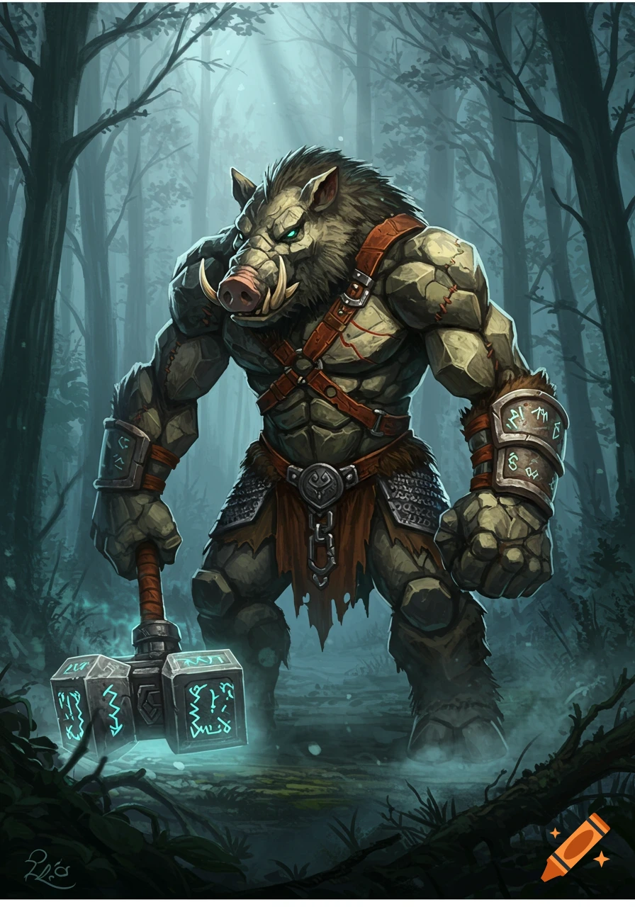 A muscled, boar-headed golem with glowing green eyes, wearing armor and holding a glowing runed warhammer in a misty forest.