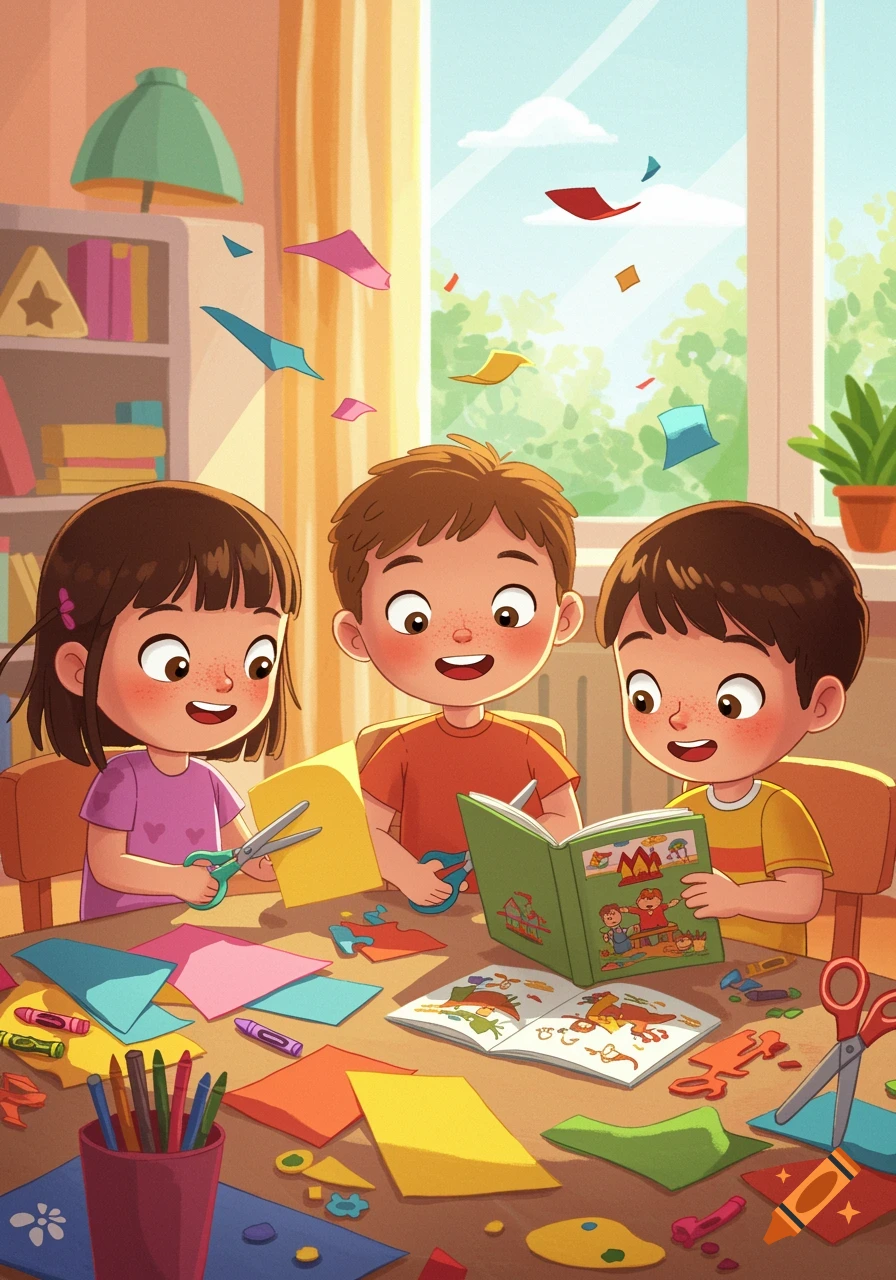 Three happy cartoon children doing crafts at a table, cutting colorful paper and reading a book in a brightly lit room.