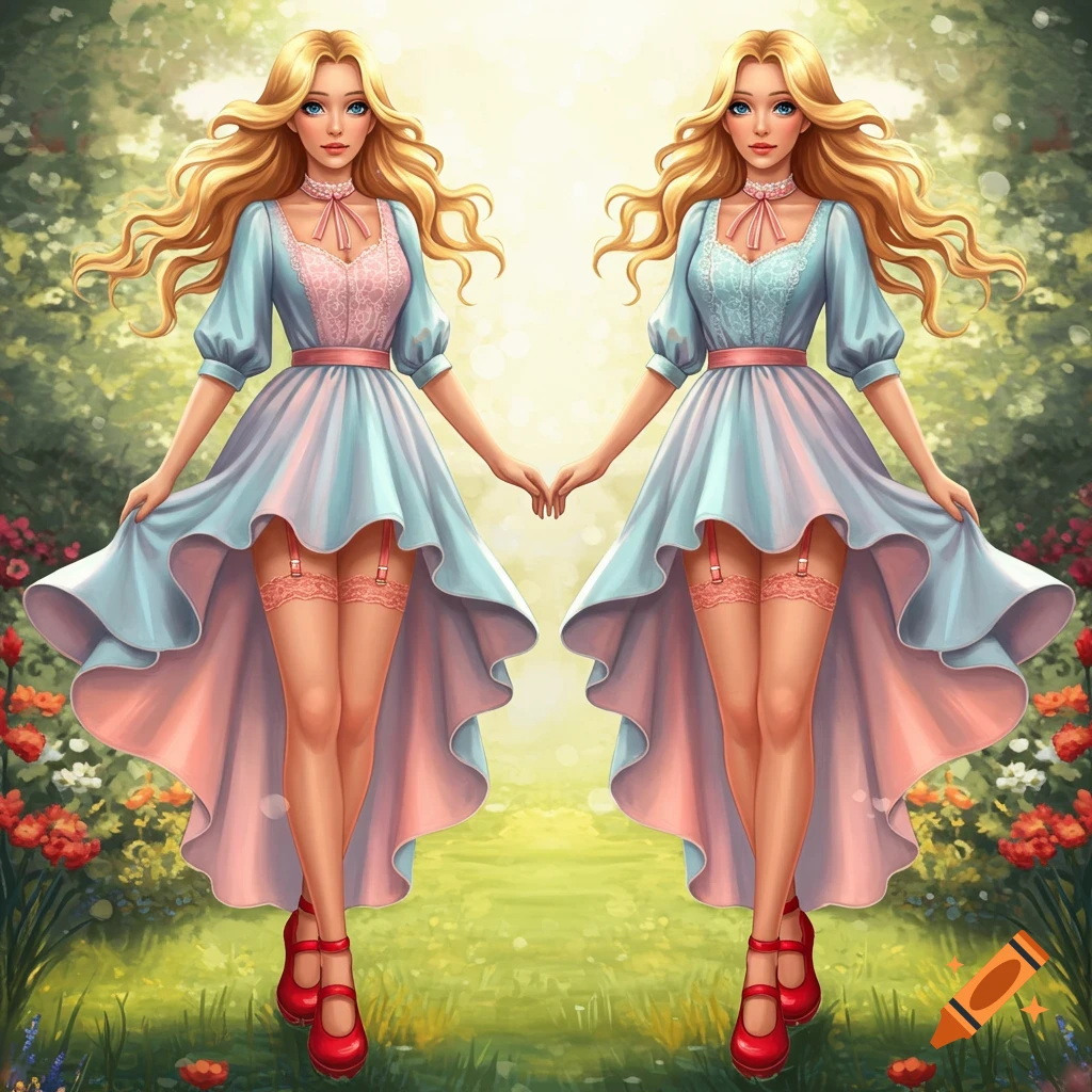 Two identical blonde women with blue eyes in stylized blue and pink dresses, red shoes, and peach stockings stand in a vibrant garden.