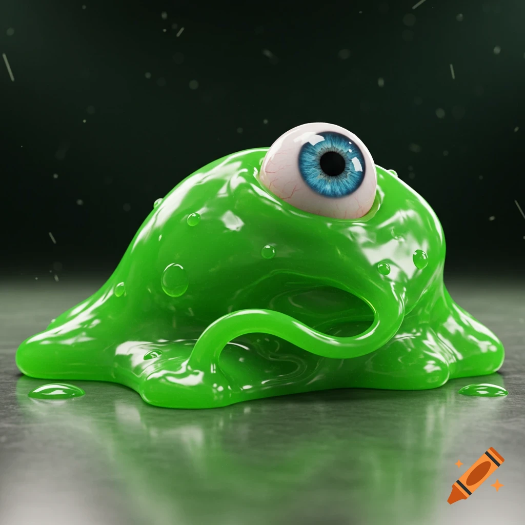A glossy, bright green slime monster with a single realistic eye, featuring a blue iris, on a gooey stalk, rendered in 3D.