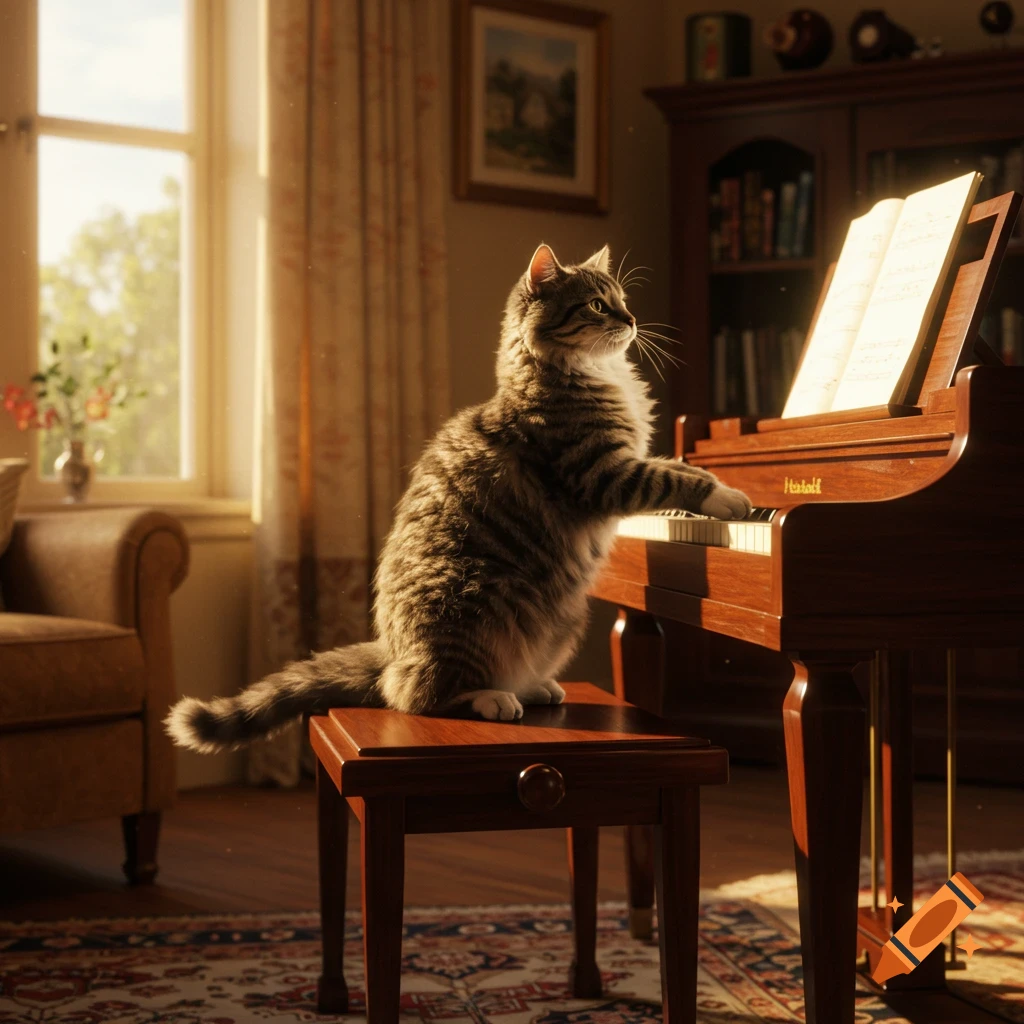 A fluffy tabby cat sits on a bench, playing a wooden grand piano in a sunlit, cozy living room. Photorealistic style.