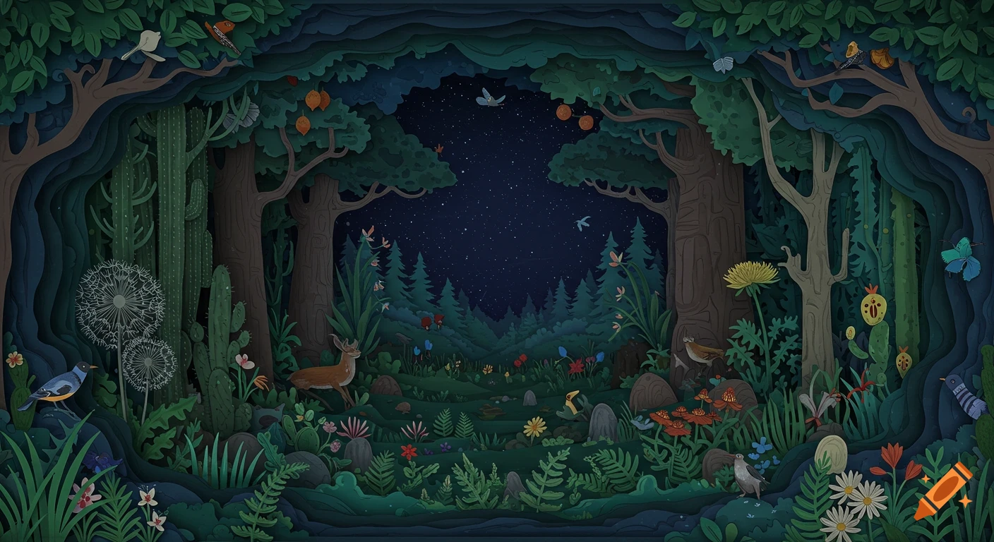 A layered paper-cut illustration of a surreal forest at night under a starry sky, with deer, birds, cacti, and various plants.