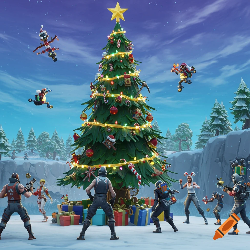 Fortnite characters gather around a large, brightly decorated Christmas tree in a snowy landscape, with some characters flying in the sky.