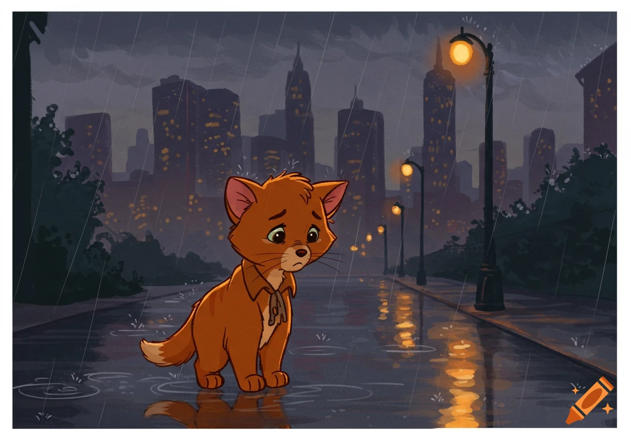 A sad, orange Disney-style cartoon kitten walks alone on a rainy city street at night with a distant skyline.