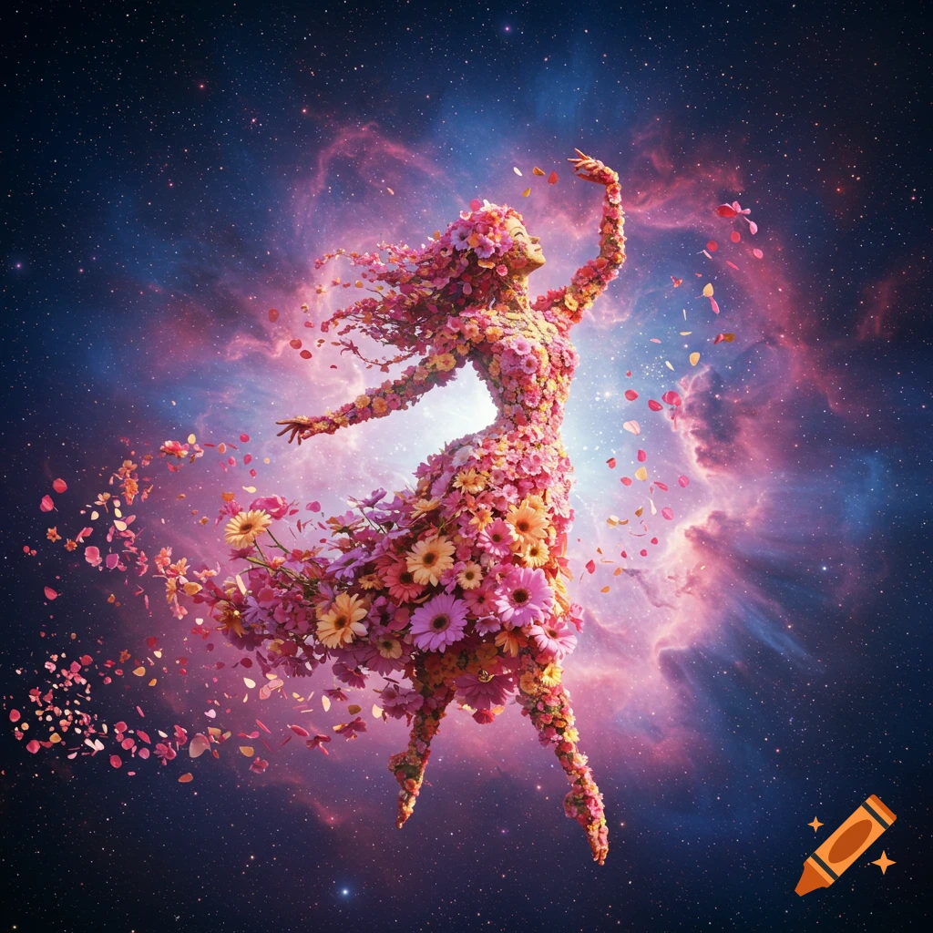 A dancing woman composed entirely of vibrant pink and orange flowers, against a swirling purple and blue nebula backdrop.