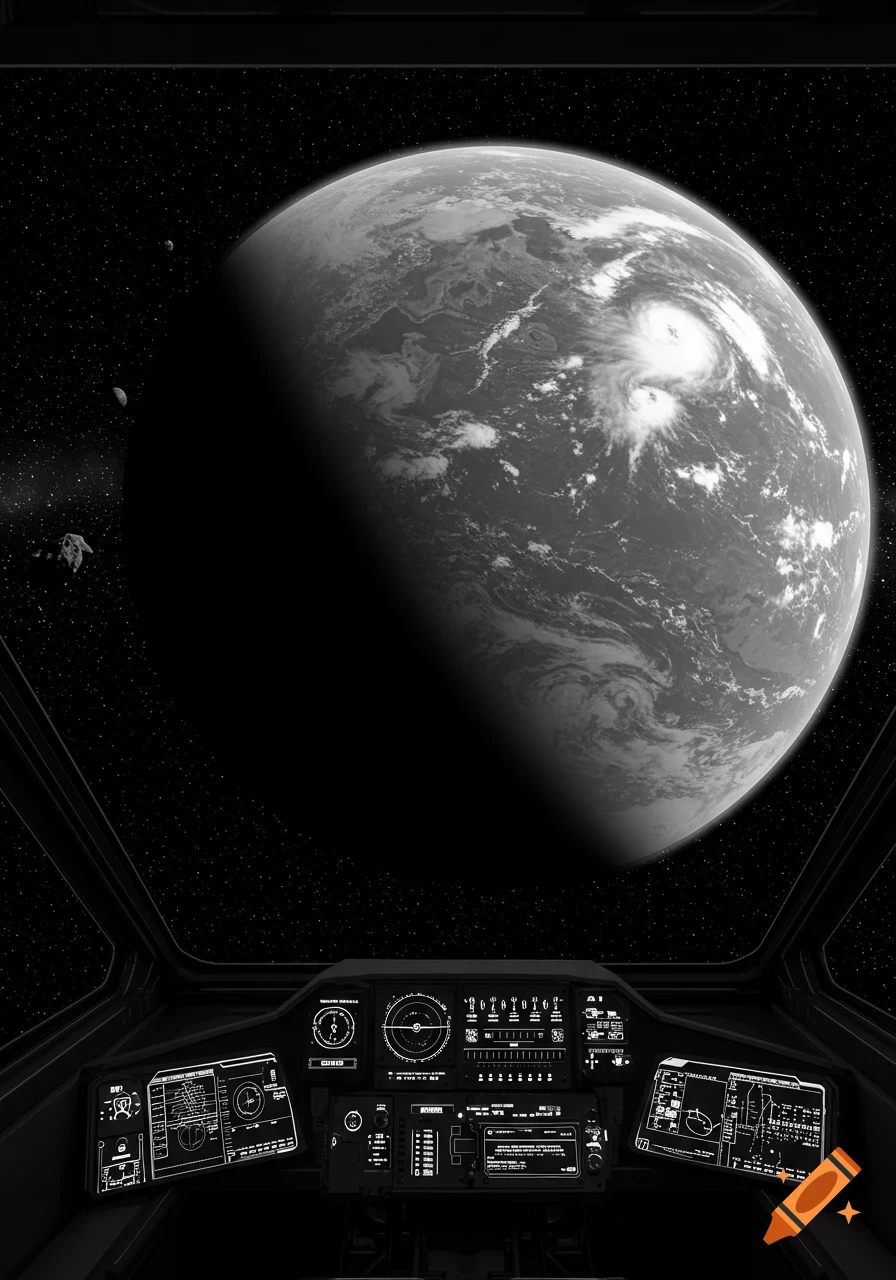 A black and white view from a spaceship cockpit showing a large planet, smaller moons, and stars through the front window.