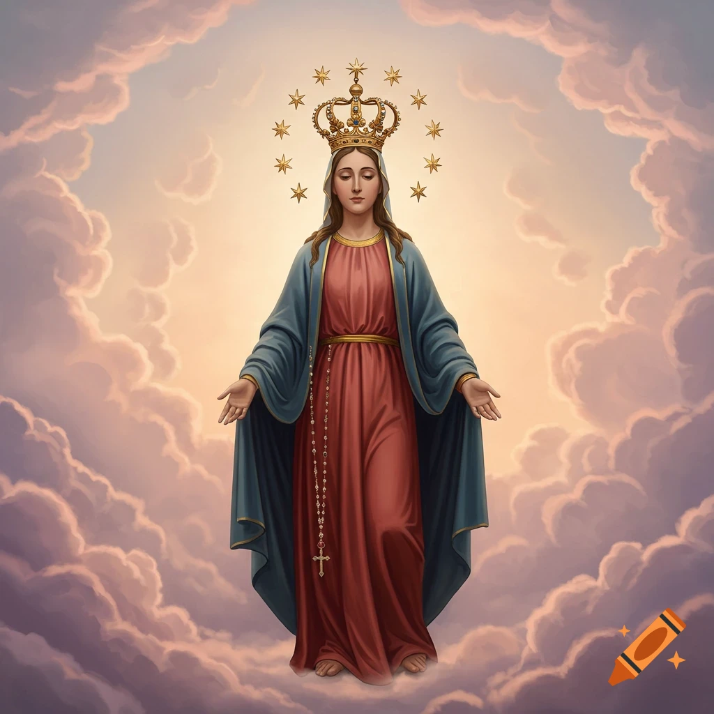 Illustration of the Virgin Mary wearing a crown and halo of stars, standing with outstretched arms amidst clouds.