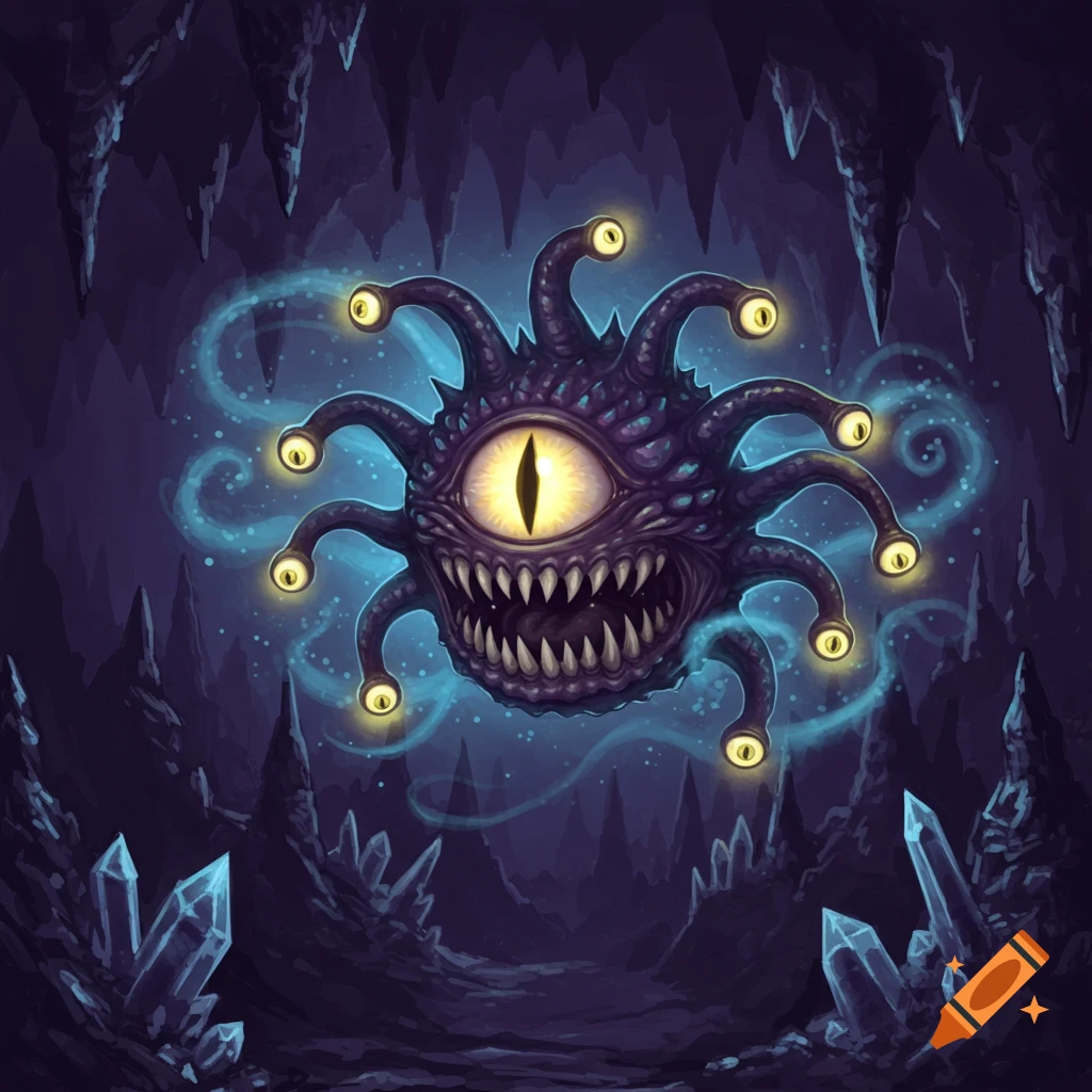 A menacing purple, spherical D&D beholder with a large central eye, sharp teeth, and many tentacled eyestalks, glows in a dark crystal cave.