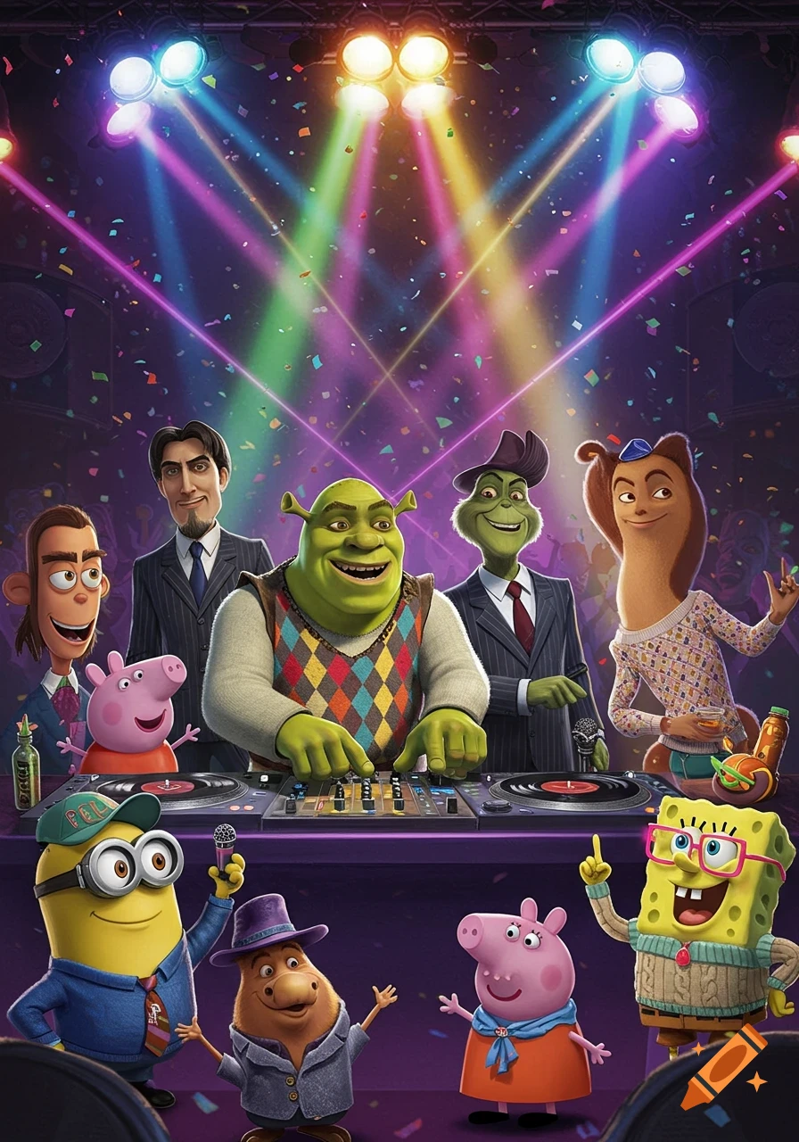 Shrek as a DJ, surrounded by various cartoon characters like SpongeBob, Peppa Pig, and Minions, at a vibrant party with colorful lights and confetti.