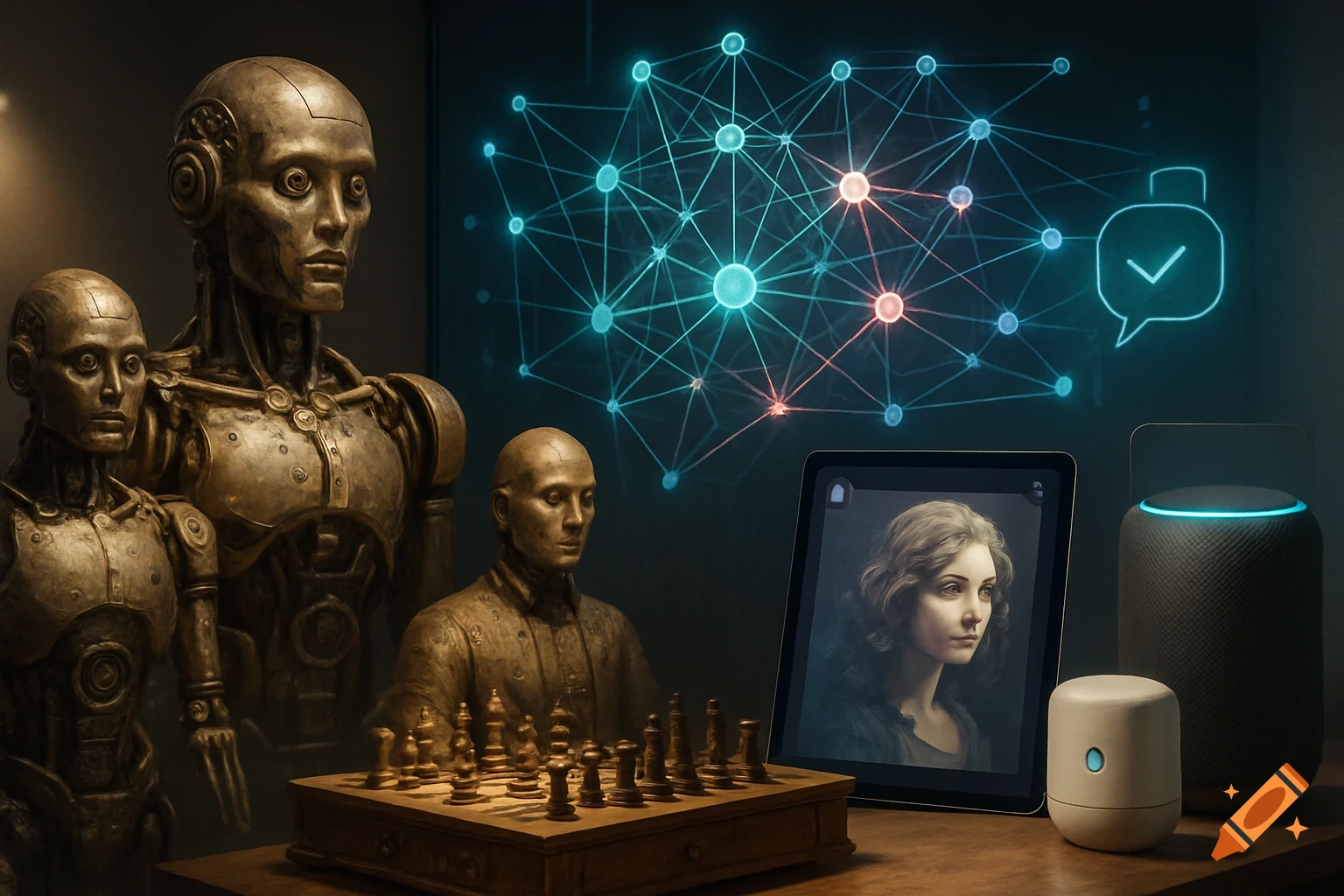 Robots and busts on a table with a chessboard, facing a screen displaying a neural network and a chatbot icon. A tablet shows a woman's portrait, next to a smart speaker and a small white device.