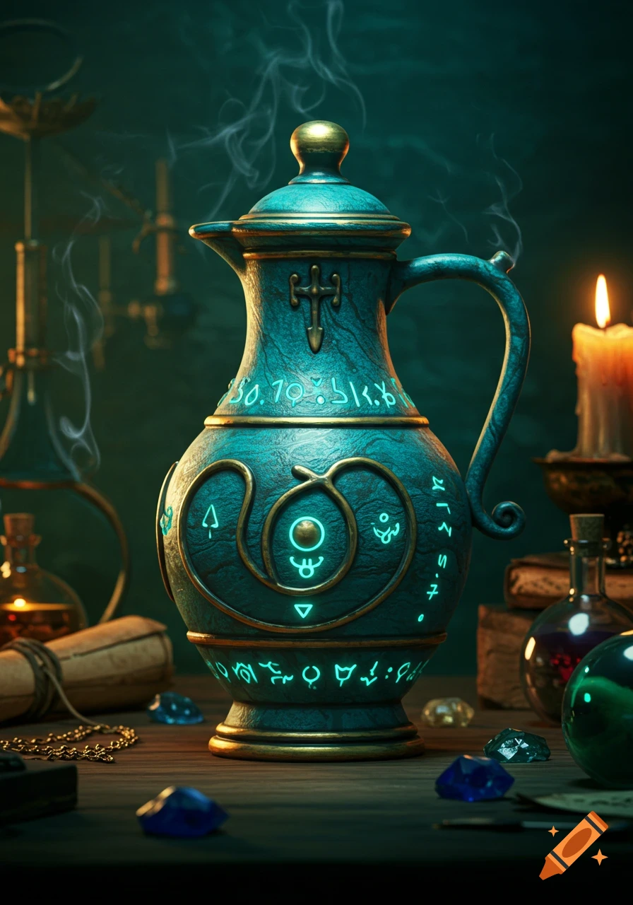 An ornate, teal alchemy jug with glowing symbols, golden trim, and faint smoke, surrounded by crystals and a lit candle.