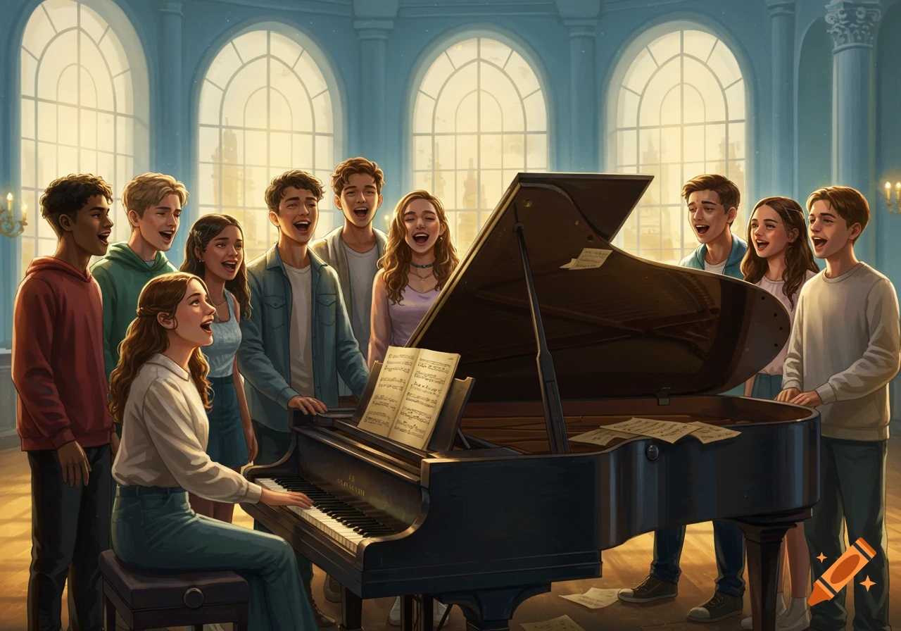 A group of cheerful teenagers singing around a grand piano in a sunlit hall with arched windows.