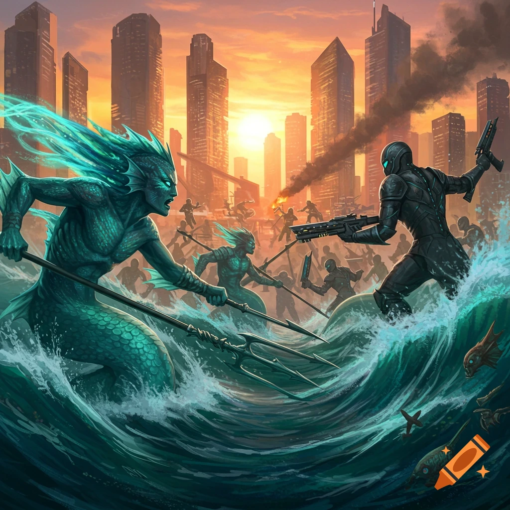 A dynamic digital painting of merfolk warriors fighting armored soldiers in a stormy, burning city at sunset.