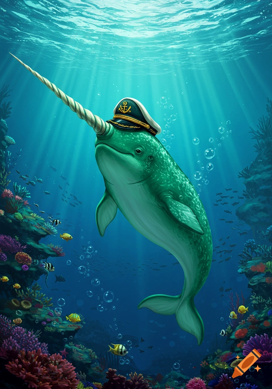 A vibrant green narwhal wearing a captain's hat swims underwater amid colorful coral reefs and fish, with sun rays from above.