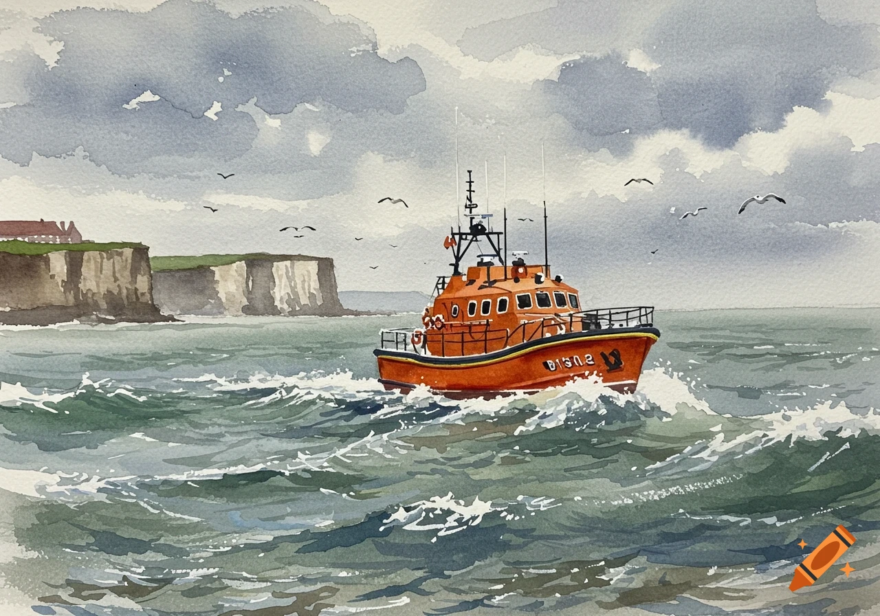 A watercolor painting of an orange lifeboat on choppy seas with white cliffs and a cloudy sky in the background.