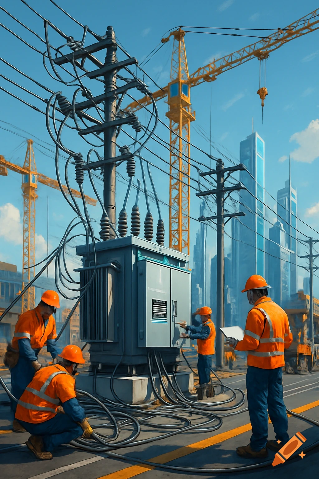 Workers in orange hard hats and vests perform cable work around an electrical transformer, with power lines and cranes in a city.