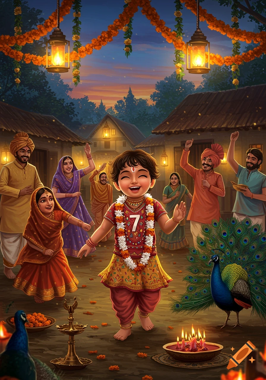 Folk art illustration of a happy child with a '7' on their shirt celebrating a birthday with adults, a peacock, and lanterns in an Indian village.