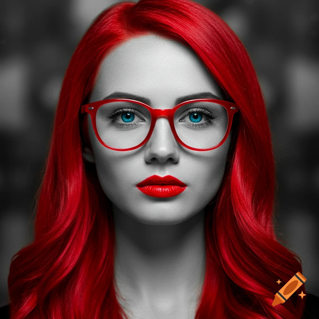 Close-up portrait of a woman with vibrant red hair, red glasses, red lips, and bright blue eyes, with the rest of her face in grayscale.