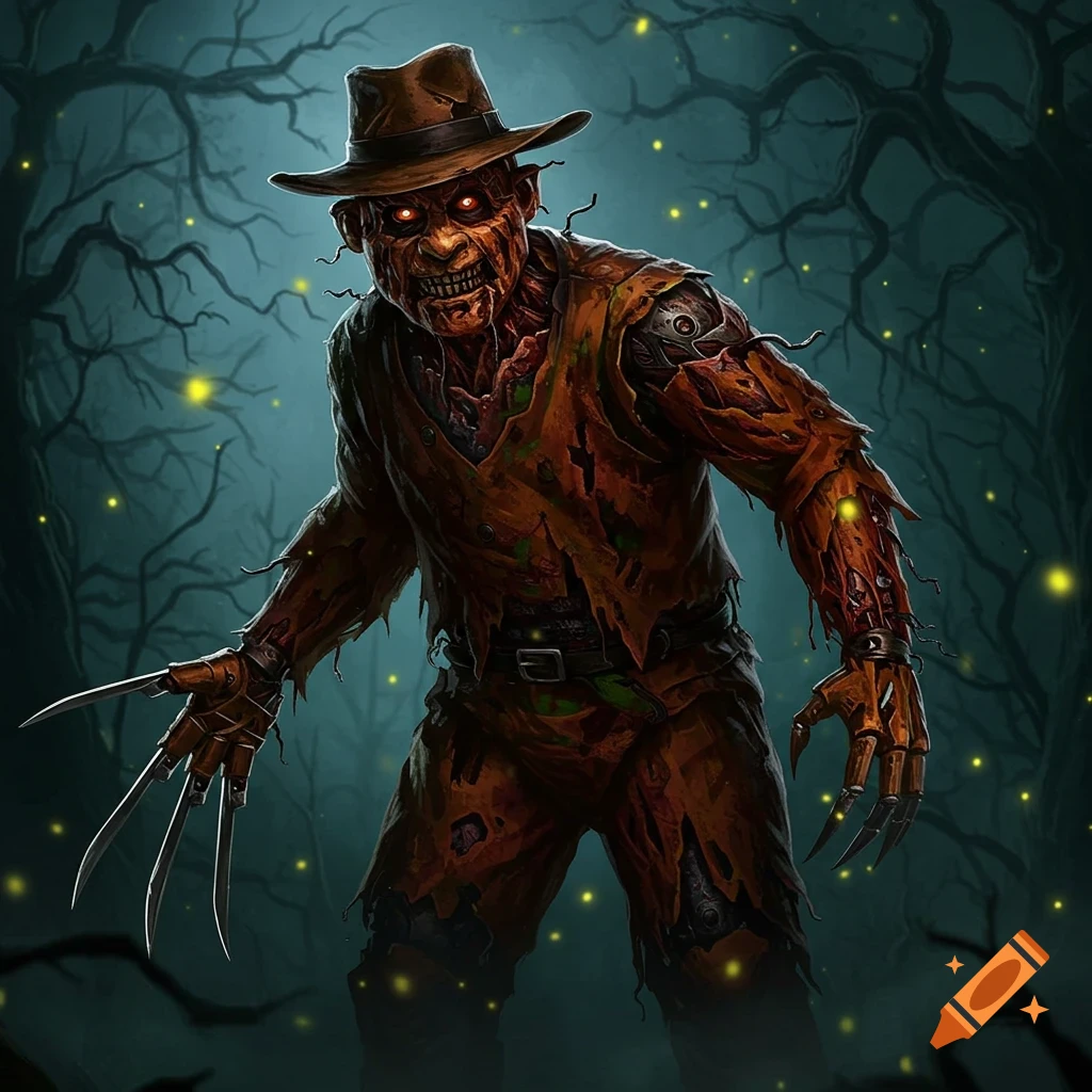 Menacing burnt figure resembling Freddy Krueger, in a hat and tattered clothes with clawed gloves, in a dark, ethereal forest.