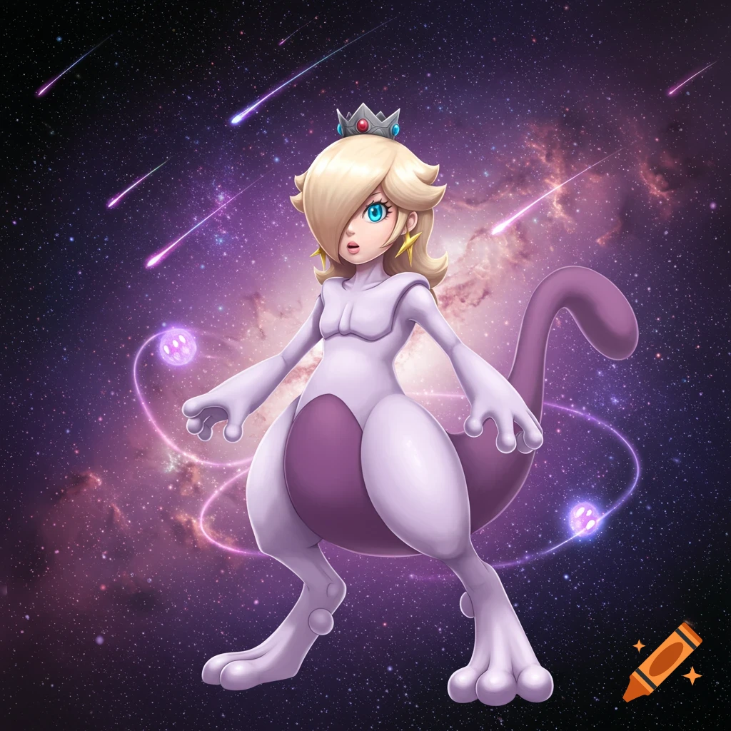 Rosalina from Super Mario dressed as Mewtwo from Pokmon, standing in a cosmic galaxy with shooting stars.