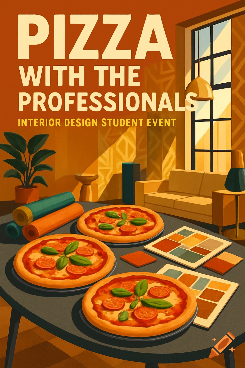A stylized poster for 'Pizza With the Professionals: Interior Design Student Event' showing pizzas on a table in a modern room with design elements.