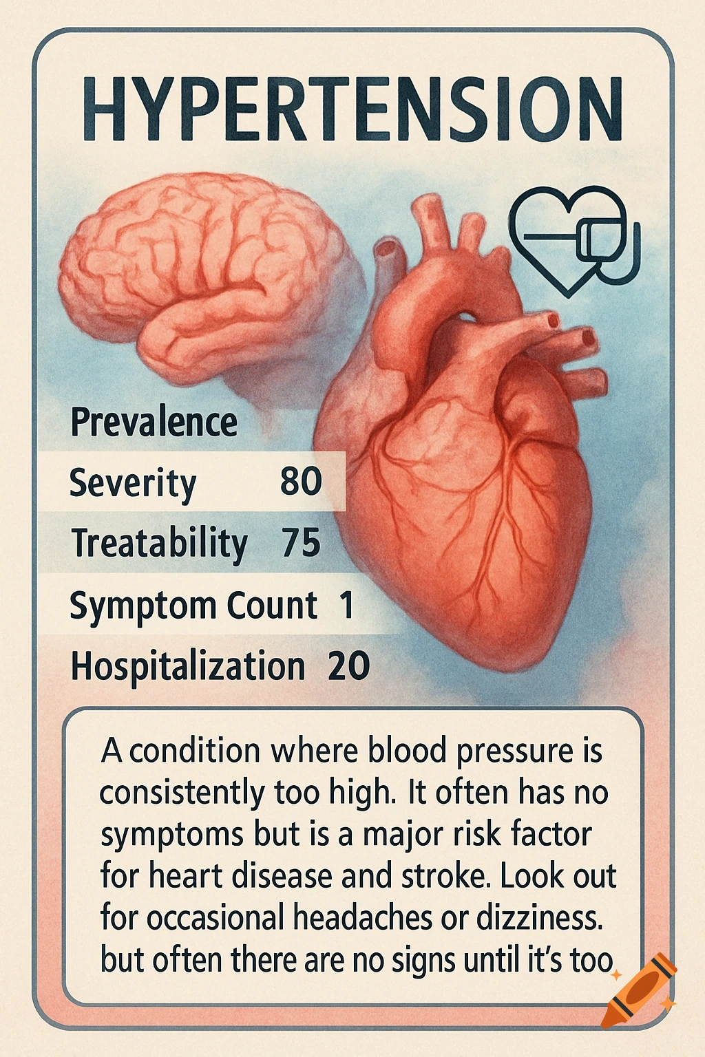 An informational card on hypertension with a brain and heart illustration. It lists stats like Severity, Treatability, Symptom Count, and Hospitalization, along with a description of the condition.