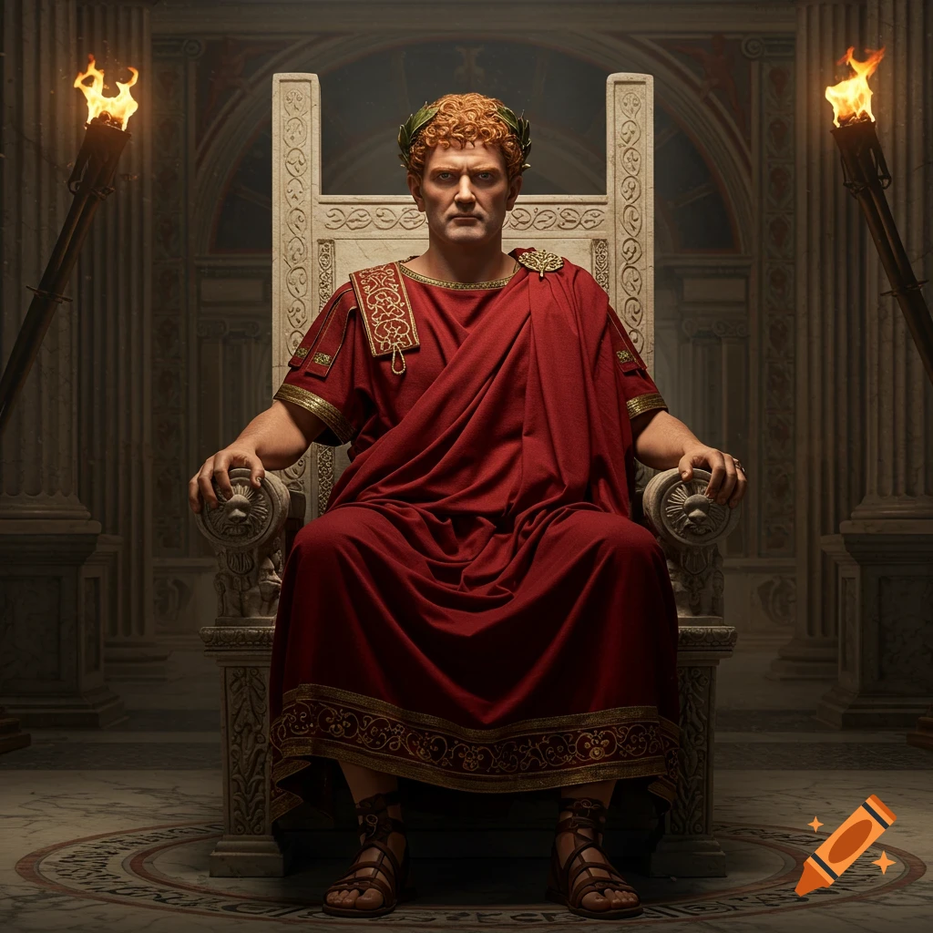A realistic portrait of a man in red Roman emperor attire and a laurel wreath, sitting on a stone throne in a torch-lit hall.