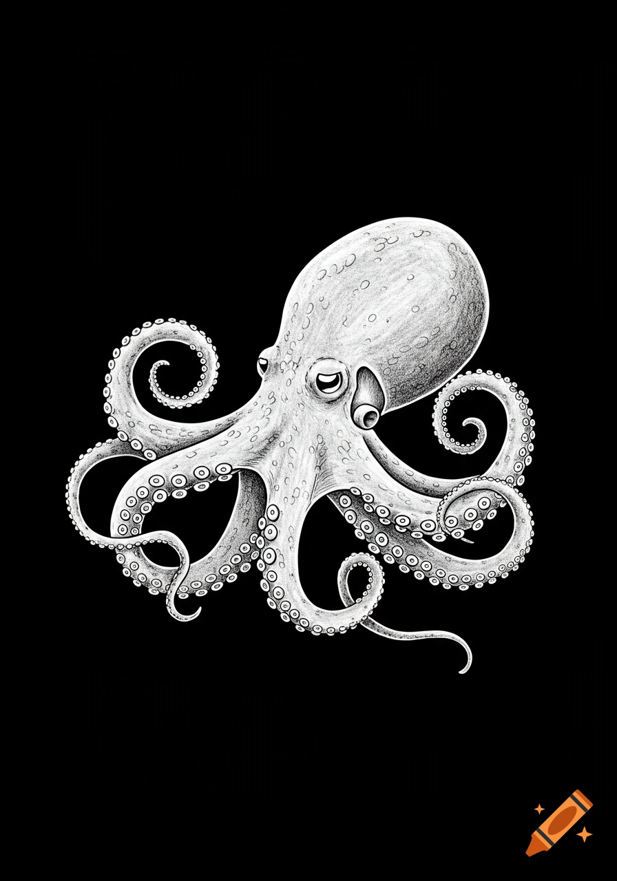 A detailed white pencil sketch of an octopus with curled tentacles against a solid black background.