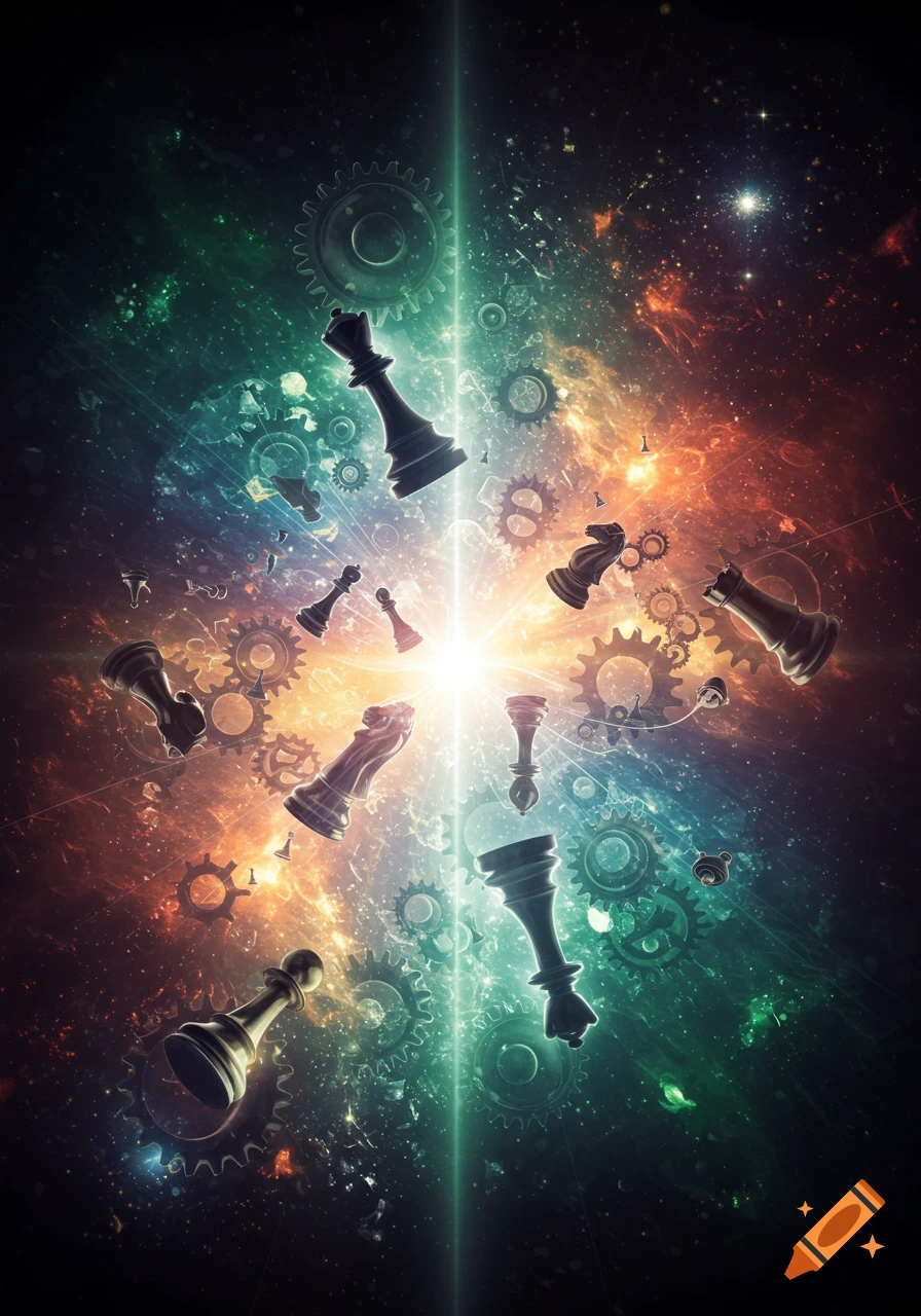 Chess pieces and gears float in a vibrant cosmic background with a central bright light, blending strategic elements with a celestial fantasy theme.