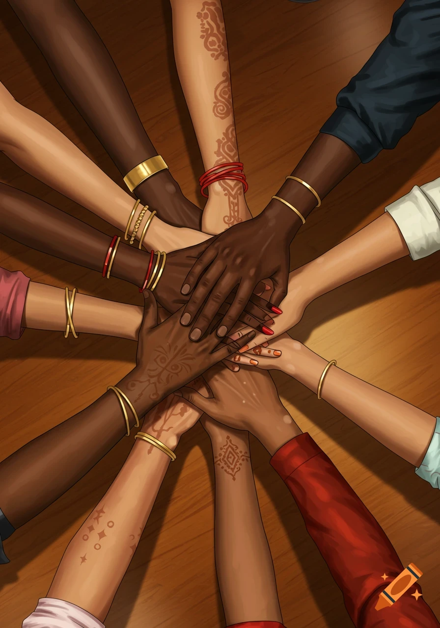 A top-down illustration of many diverse hands, some adorned with jewelry and henna, stacked together on a wooden surface.