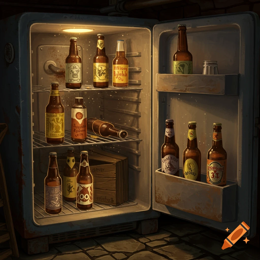 An old, open basement refrigerator filled with numerous bottles of beer, illuminated by a warm interior light.