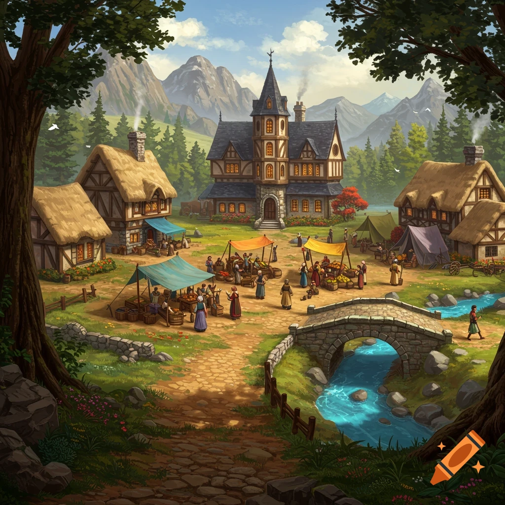 Vibrant medieval village market illustration with a central castle, villagers, stalls, a river, and mountains.