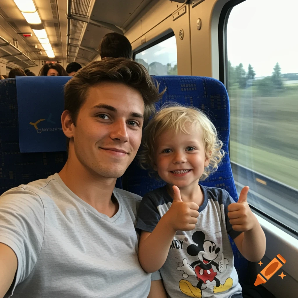 A young man and a child with curly blonde hair smile and give thumbs up in a train. The child wears a Mickey Mouse shirt. Photorealistic style.
