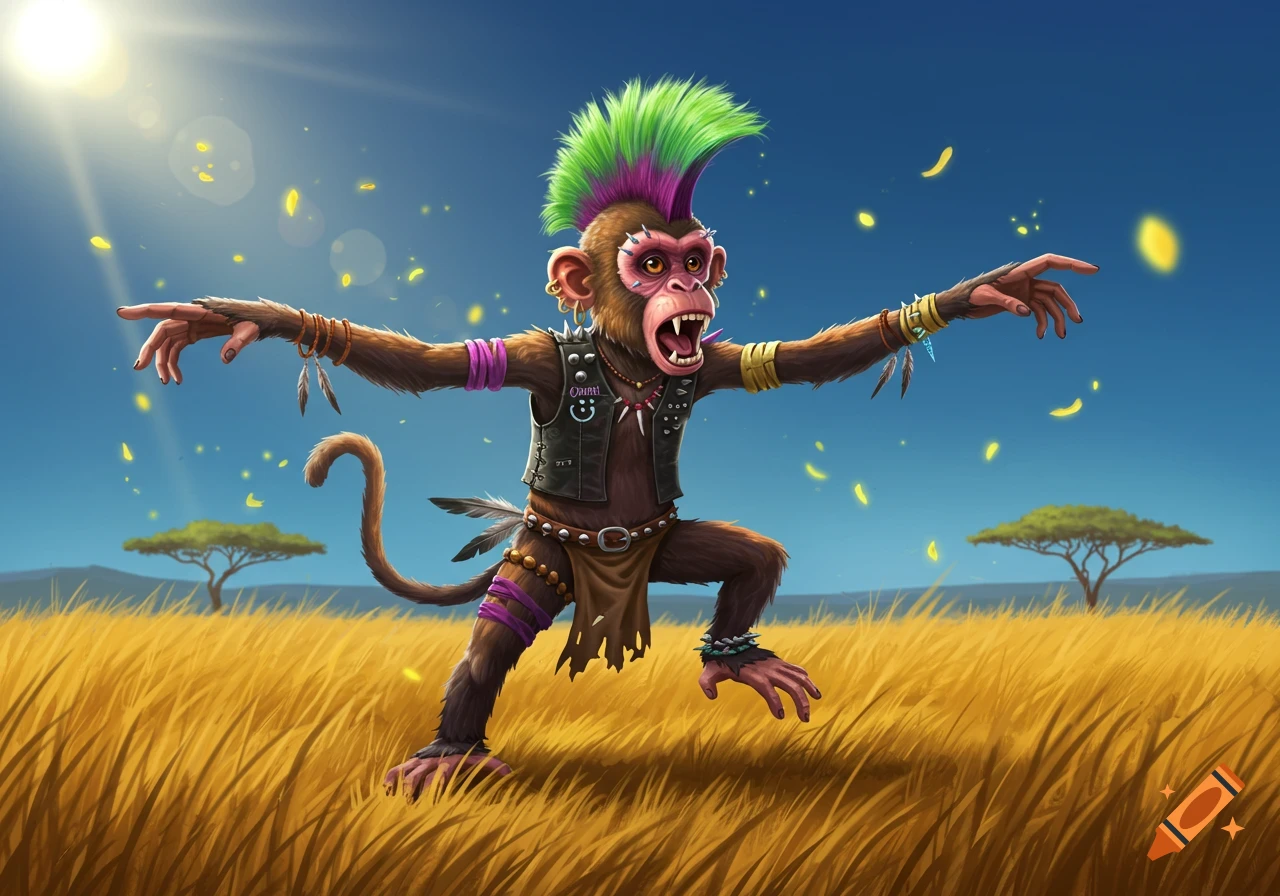 A vibrant cartoon punk monkey with a green and purple mohawk, wearing a studded leather vest and accessories, stands in a sunny golden savanna.