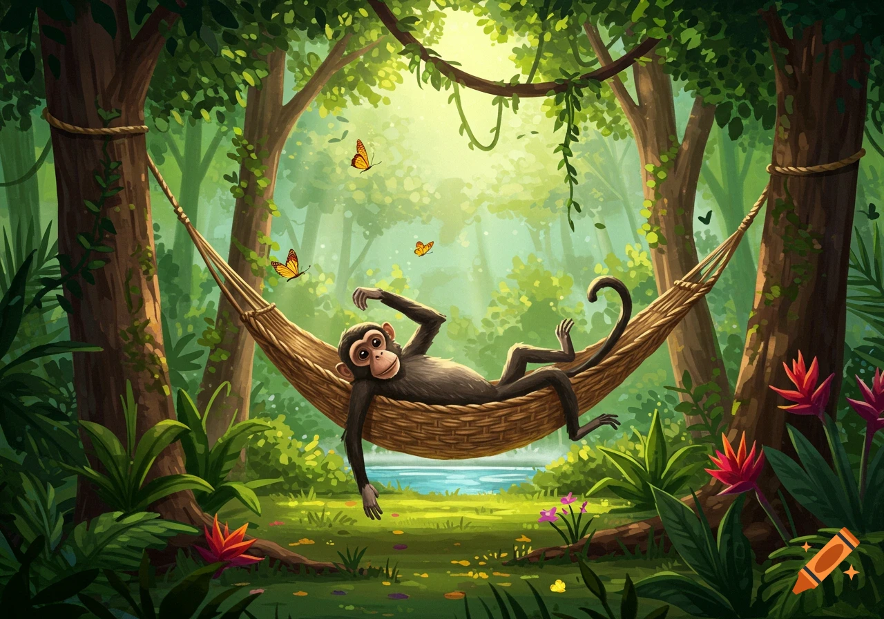 A cartoon monkey relaxes in a hammock strung between two large trees in a lush, sunlit jungle, with butterflies flying around.
