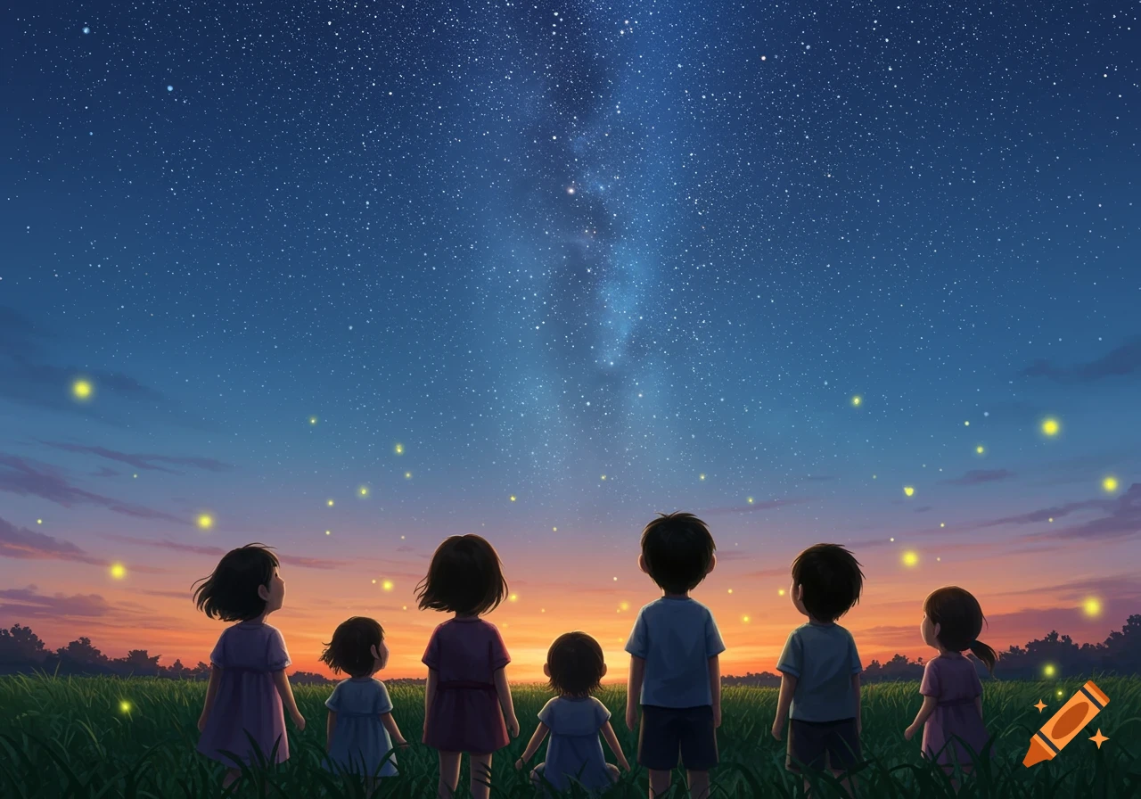 Children from behind looking up at a starry night sky with fireflies over a grassy field at sunset, illustration.