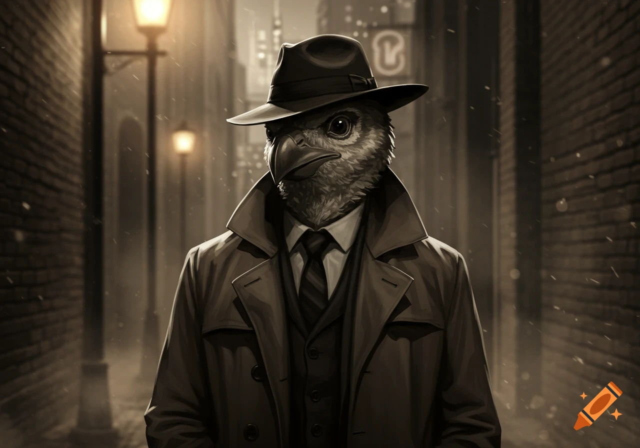 A bird-headed detective in a fedora, trench coat, and tie stands in a dark, rainy, sepia-toned city alley with streetlights.