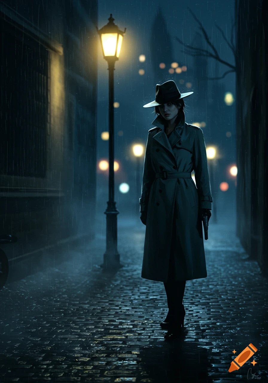 A mysterious female detective in a trench coat and fedora stands in a dark, rainy cobblestone alley under a glowing streetlamp, holding a pistol. The image has a noir, cinematic style.
