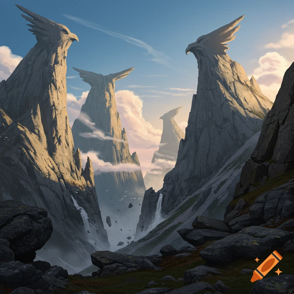 Majestic valley with towering, bird-shaped mountains, waterfalls, and a rockslide under a blue sky.