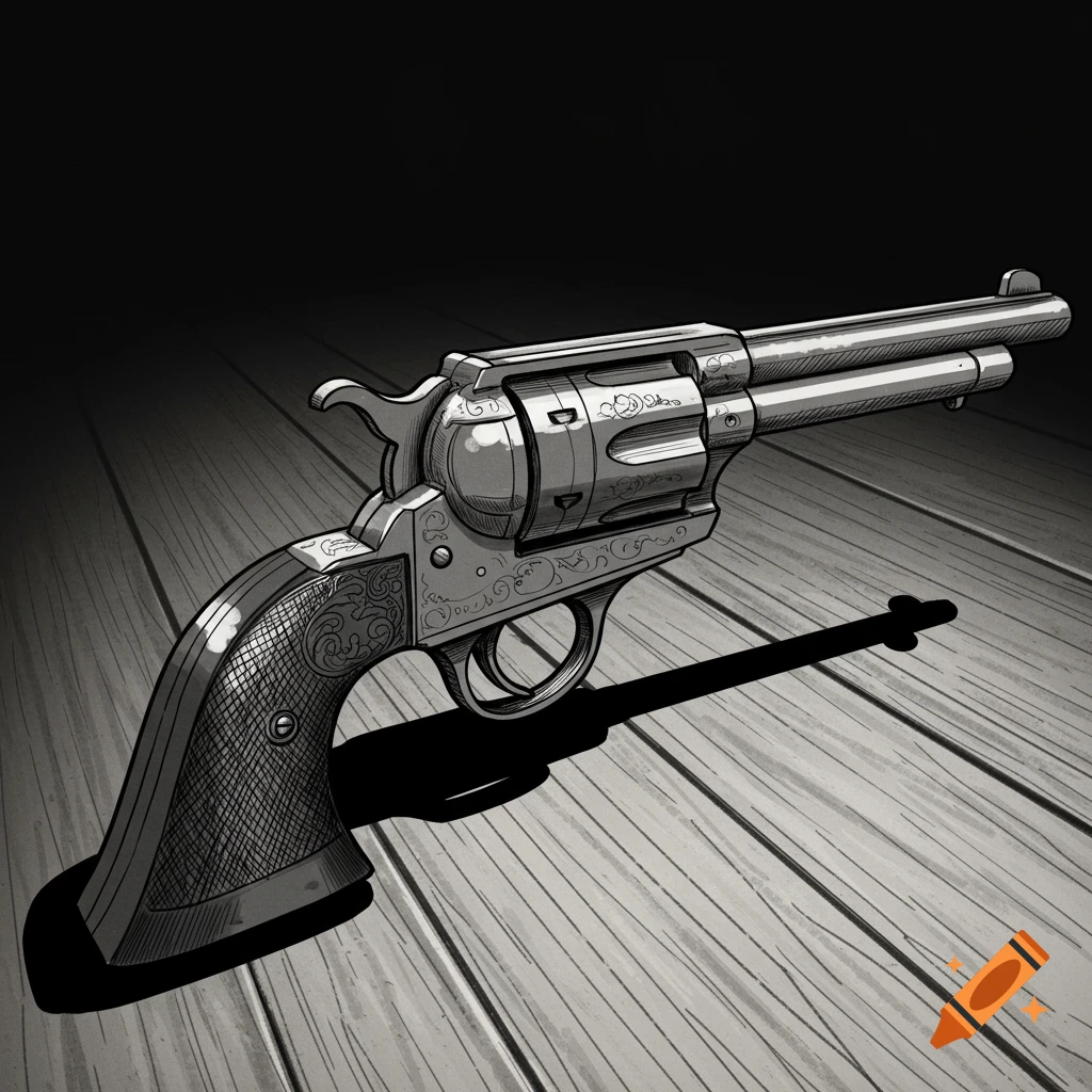 Black and white sketch drawing of an ornate revolver resting on a wooden floor.
