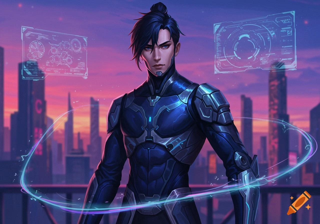 A futuristic male character in blue and silver armor stands on a rooftop, city skyline at sunset, digital art style.