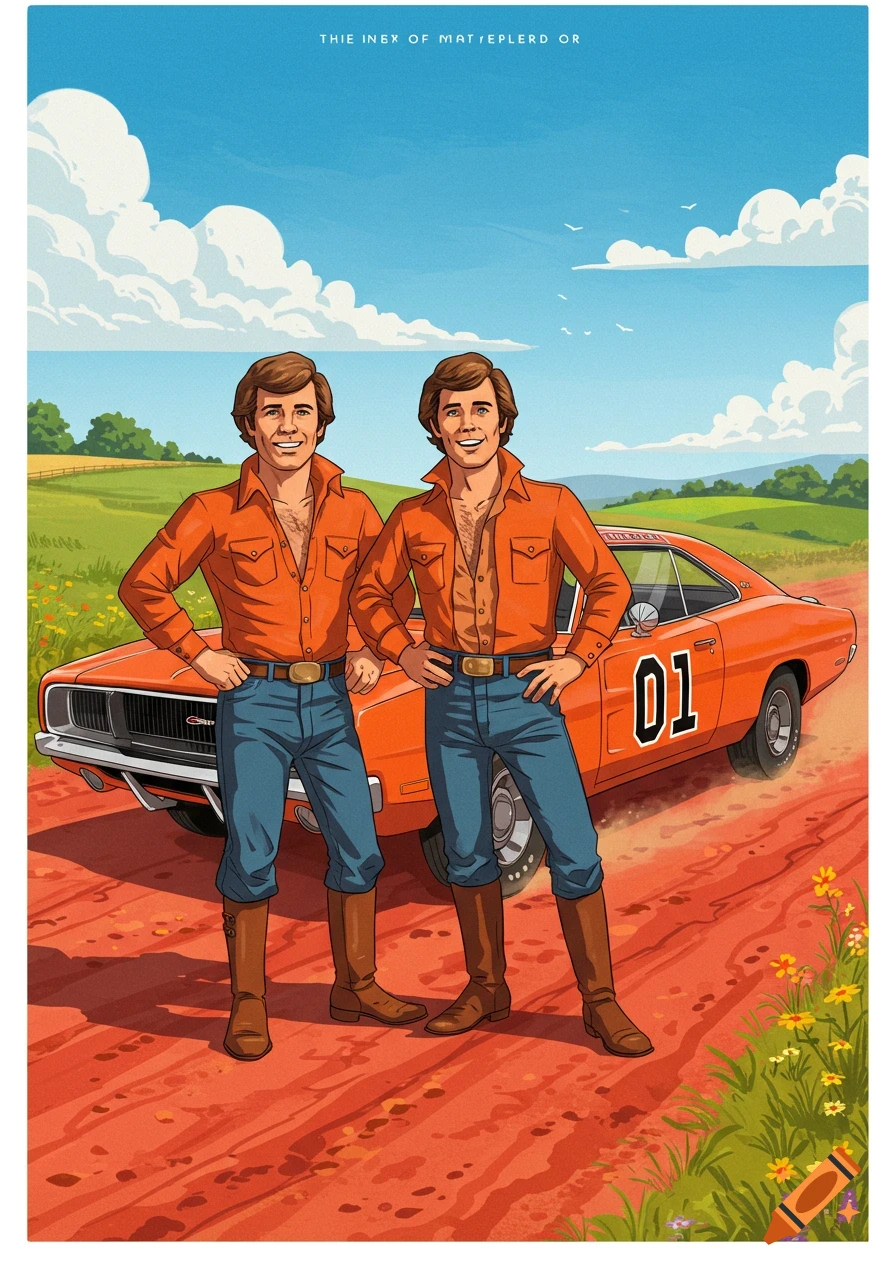 Cartoon image of two smiling men resembling the Duke boys in orange shirts and jeans, standing in front of an orange muscle car on a dirt road in a sunny, green countryside.