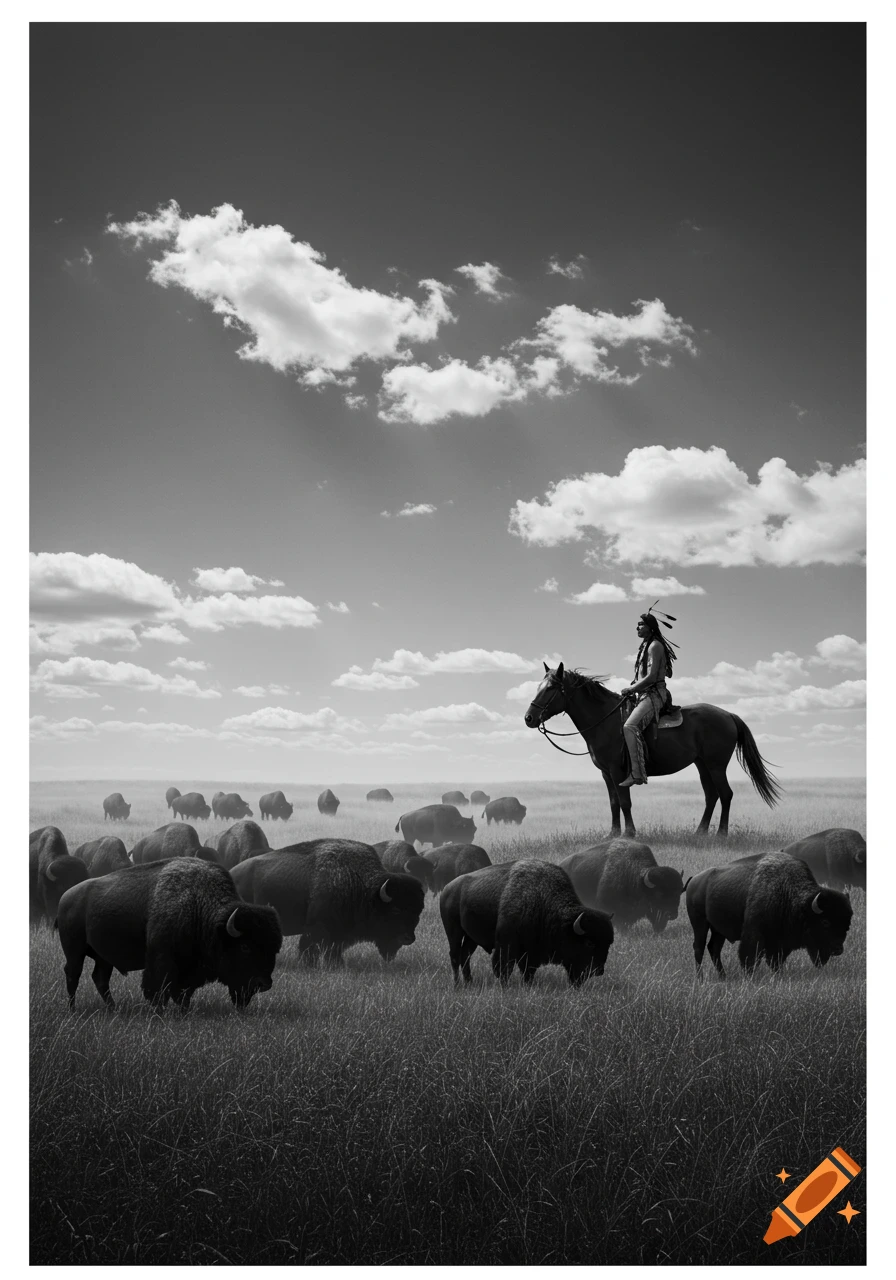 Black and white photo of a Native American on horseback overlooking a vast herd of buffalo in a grassy field under a cloudy sky.