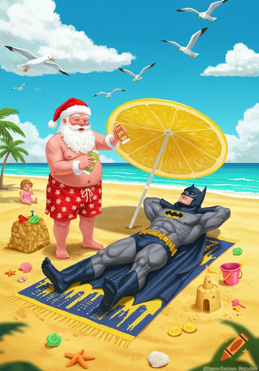 Santa Claus in swim trunks applies suntan lotion to Batman, who is relaxing on a beach towel under a lemon slice umbrella on a sunny beach.